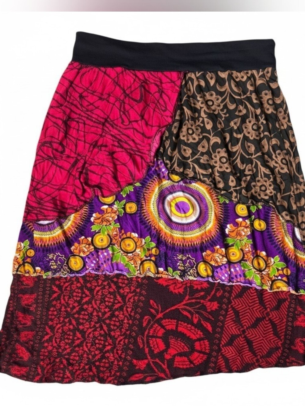 Natur Paradise Boho Patchwork Floral Midi Skirt L/XL Geometric Print Festival